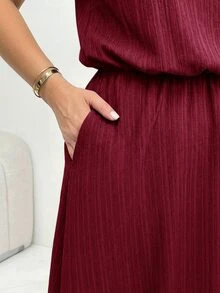 Shapeblank Plus Size Summer Casual Solid Color Short Sleeve Dress Formal Vacation Burgundy - Burgundy - View 6