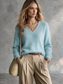 SHEIN 女款秋冬極簡淺藍色V領長袖毛絨針織套頭衫，寬鬆休閒百搭，適合日常通勤、約會、旅行 - 天藍色 - 查看 4