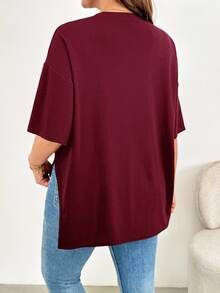 Shapeblank Plus Size Women's Summer Fashion Casual Elegant Loose Comfortable Daily Split Hem Short-Sleeved T-Shirt Simple Style Vacation Formal Burgundy - Burgundy - View 3