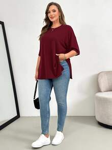 Shapeblank Plus Size Women's Summer Fashion Casual Elegant Loose Comfortable Daily Split Hem Short-Sleeved T-Shirt Simple Style Vacation Formal Burgundy - Burgundy - View 7