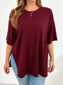Shapeblank Plus Size Women's Summer Fashion Casual Elegant Loose Comfortable Daily Split Hem Short-Sleeved T-Shirt Simple Style Vacation Formal Burgundy - Burgundy - View 6