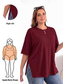 Shapeblank Plus Size Women's Summer Fashion Casual Elegant Loose Comfortable Daily Split Hem Short-Sleeved T-Shirt Simple Style Vacation Formal Burgundy - Burgundy - View 2