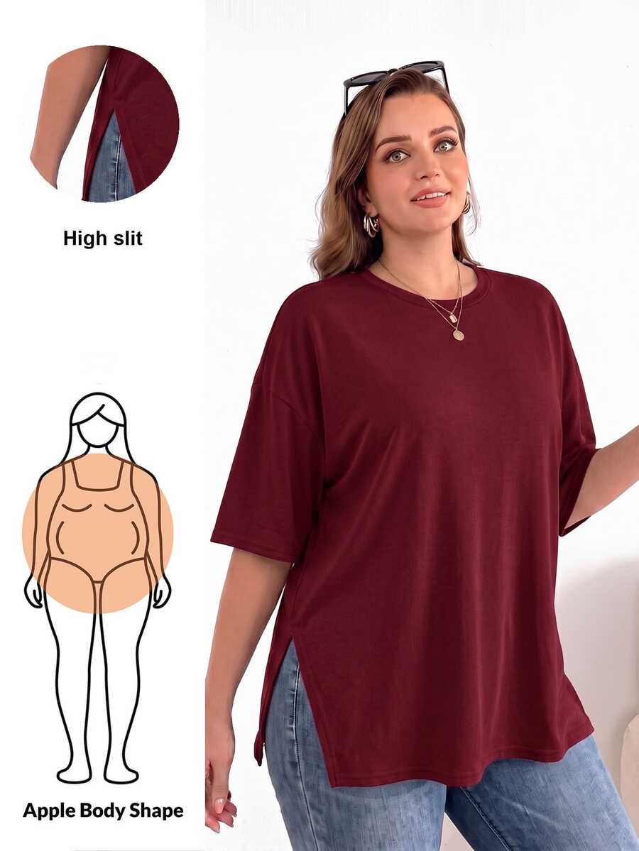 Shapeblank Plus Size Women's Summer Fashion Casual Elegant Loose Comfortable Daily Split Hem Short-Sleeved T-Shirt Simple Style Vacation Formal Burgundy