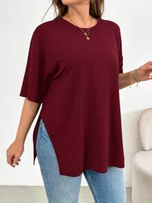 Shapeblank Plus Size Women's Summer Fashion Casual Elegant Loose Comfortable Daily Split Hem Short-Sleeved T-Shirt Simple Style Vacation Formal Burgundy - Burgundy - View 8