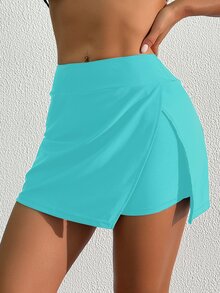 SHEIN Swim Women's Solid Color Beach Elegant Side Slit Skort Design Swimwear Beach Pants - Mint Blue - View 3