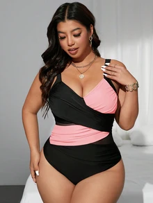 SHEIN Swim Curve Plus Size Women Cross-Over Dual-Tone Mesh Splice Fitted One-Piece Swimsuit, Summer Beach Holiday - Baby Pink - View 6