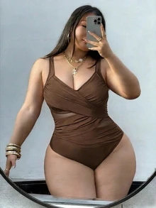 SHEIN Swim Curve Plus Size Women's Cross-Front Mesh Patchwork One-Piece Swimsuit, Summer Beach Vacation Vacation Vacation Sexy Brown - Coffee Brown - View 4