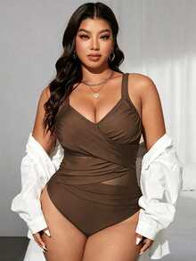 SHEIN Swim Curve Plus Size Women's Cross-Front Mesh Patchwork One-Piece Swimsuit, Summer Beach Vacation Vacation Vacation Sexy Brown - Coffee Brown - View 7