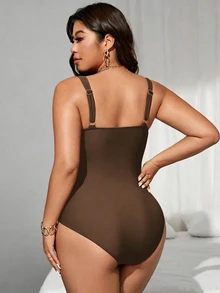 SHEIN Swim Curve Plus Size Women's Cross-Front Mesh Patchwork One-Piece Swimsuit, Summer Beach Vacation Vacation Vacation Sexy Brown - Coffee Brown - View 2