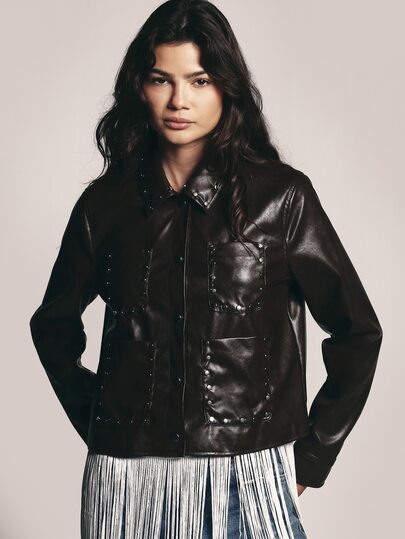 KSTM Faux Leather Studded Utility Jacket With Patch Pockets Snap Button Closure Lapel Collar Fall Winter Outerwear