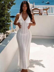 Bonvoyette Women Cover Ups Backless Tie Back Split Thigh Plain - Putih - View 3