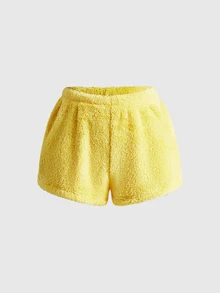SpongeBob SquarePants | ROMWE Set Piyama Wanita Celana Pendek Suspender Bordir Flanel Kartun Lucu - Kuning - View 6