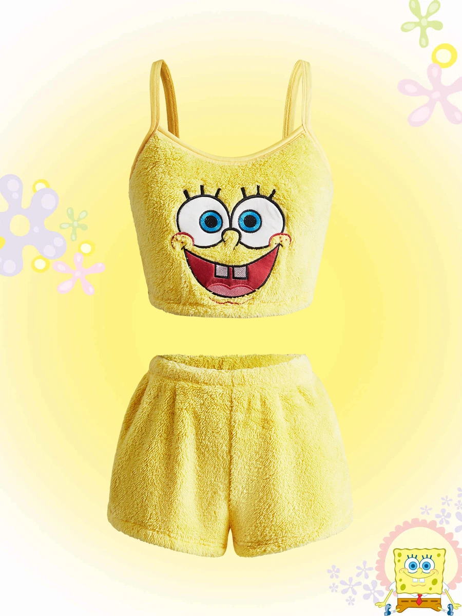 SpongeBob SquarePants | ROMWE Set Piyama Wanita Celana Pendek Suspender Bordir Flanel Kartun Lucu - Kuning - View 1