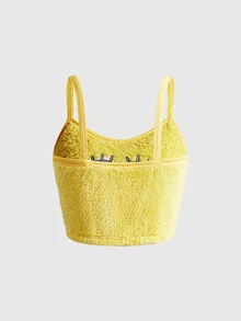 SpongeBob SquarePants | ROMWE Set Piyama Wanita Celana Pendek Suspender Bordir Flanel Kartun Lucu - Kuning - View 7