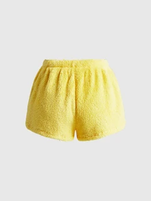 SpongeBob SquarePants | ROMWE Set Piyama Wanita Celana Pendek Suspender Bordir Flanel Kartun Lucu - Kuning - View 8