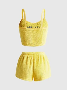 SpongeBob SquarePants | ROMWE Set Piyama Wanita Celana Pendek Suspender Bordir Flanel Kartun Lucu - Kuning - View 2