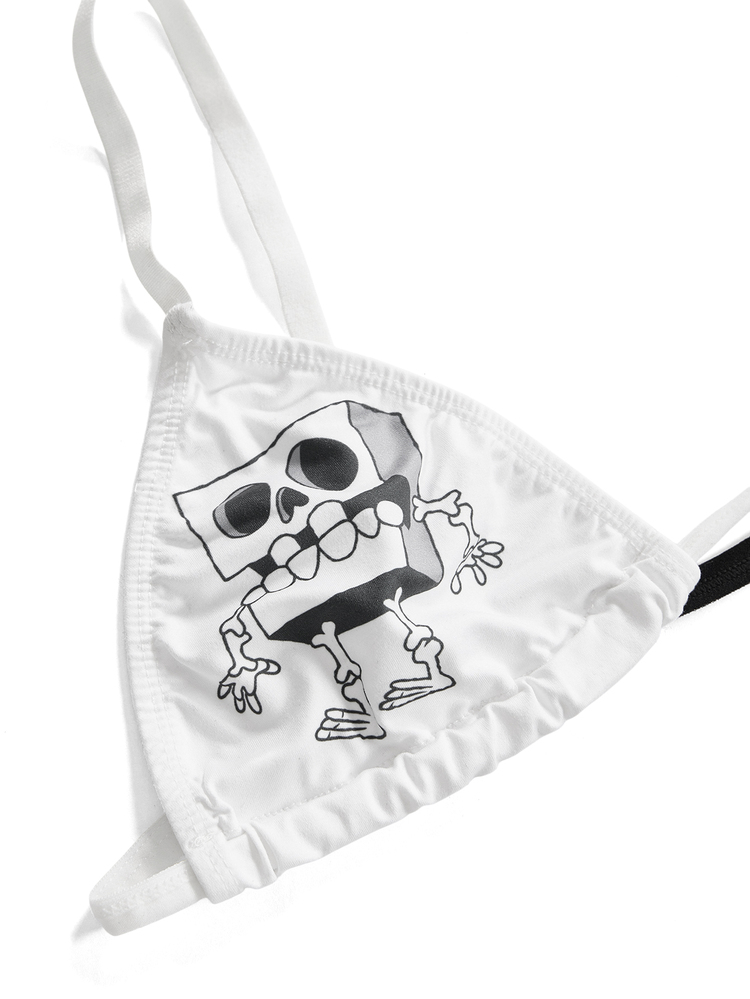 SpongeBob SquarePants | ROMWE Summer Beach Women's Skull Funny Cartoon Cute Triangle Cup Bra & Tie-Side Bikini Bottom Lingerie Set - Black and White - View 3