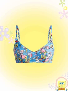 SpongeBob SquarePants | ROMWE Bra Camisole Wanita dengan Motif Kartun Lucu dan Menarik di Seluruh Permukaan - Biru - View 1