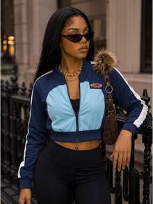 BamGleam Women's Athleisure Autumn Contrast Color Block Zip-Up Short Jacket, Fashion & Versatile Day Y2k - Blue - View 9