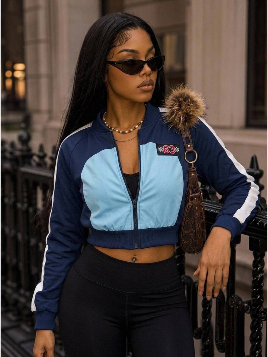 BamGleam Women's Athleisure Fall Contrast Color Block Zip-Up Short Jacket, Fashion  Versatile Day Y2k