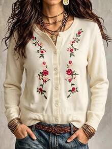 LUMIGAL Women's Sweet Cute Floral Embroidered Cardigan Casual Versatile Daily Commute Sweater Jacket Loose Fit Fun Pattern Date Dinner - Multicolor - View 3