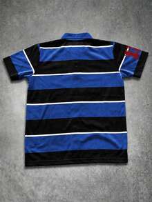 Manfinity EMRG Kemeja Polo Lengan Pendek Pria Motif Garis dan Huruf Blok Warna, Musim Panas - MultiWarna - View 2