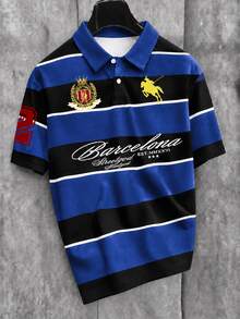 Manfinity EMRG Kemeja Polo Lengan Pendek Pria Motif Garis dan Huruf Blok Warna, Musim Panas - MultiWarna - View 4