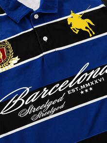 Manfinity EMRG Kemeja Polo Lengan Pendek Pria Motif Garis dan Huruf Blok Warna, Musim Panas - MultiWarna - View 3