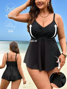 SHEIN Swim Curve ملابس سباحة تانكيني من قطعتين للنساء بمقاس كبير، لون أسود، بياقة على شكل حرف V، تصميم متقاطع مع عقدة، تحكم في البطن، إطلالة شاطئية وعطلة صيفية، أنيقة وجذابة - الأسود - مشاهدة 3