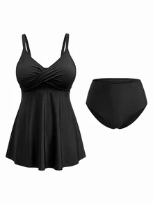 SHEIN Swim Curve ملابس سباحة تانكيني من قطعتين للنساء بمقاس كبير، لون أسود، بياقة على شكل حرف V، تصميم متقاطع مع عقدة، تحكم في البطن، إطلالة شاطئية وعطلة صيفية، أنيقة وجذابة - الأسود - مشاهدة 5