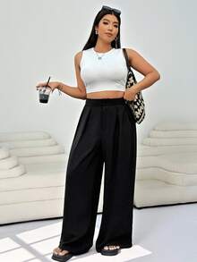 SHEIN EZwear Plus Size Office,Black High Waist Straight Leg Casual Pants, Minimalist & Stylish For Daily Wear,Spring Summer Pants - Black - View 4