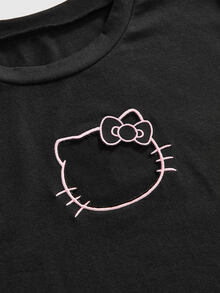 HELLO KITTY AND FRIENDS | ROMWE تي شيرت نسائي مقاس كبير بلون موحد مع تصميم مفرغ على شكل قطة وخصر مشدود بأسلوب Y2K كاجوال متعدد الاستخدامات - الأسود - مشاهدة 2