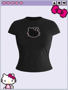 HELLO KITTY AND FRIENDS | ROMWE تي شيرت نسائي مقاس كبير بلون موحد مع تصميم مفرغ على شكل قطة وخصر مشدود بأسلوب Y2K كاجوال متعدد الاستخدامات - الأسود - مشاهدة 1