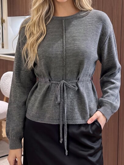CLARA VERO Suéter de punto gris con cintura con cordón, ajuste regular, perfecto para looks de oficina, brunch, trabajo o casual relajado de otoño
