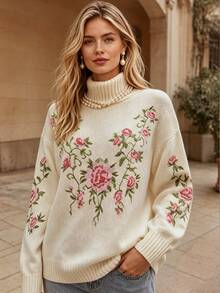 SHEIN Women's Floral Pattern Casual Daily Wear Long Sleeve Sweater - Apricot - View 5