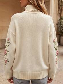 SHEIN Women's Floral Pattern Casual Daily Wear Long Sleeve Sweater - Apricot - View 3