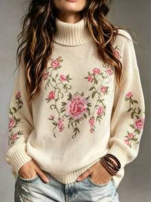 SHEIN Women's Floral Pattern Casual Daily Wear Long Sleeve Sweater - Apricot - View 4
