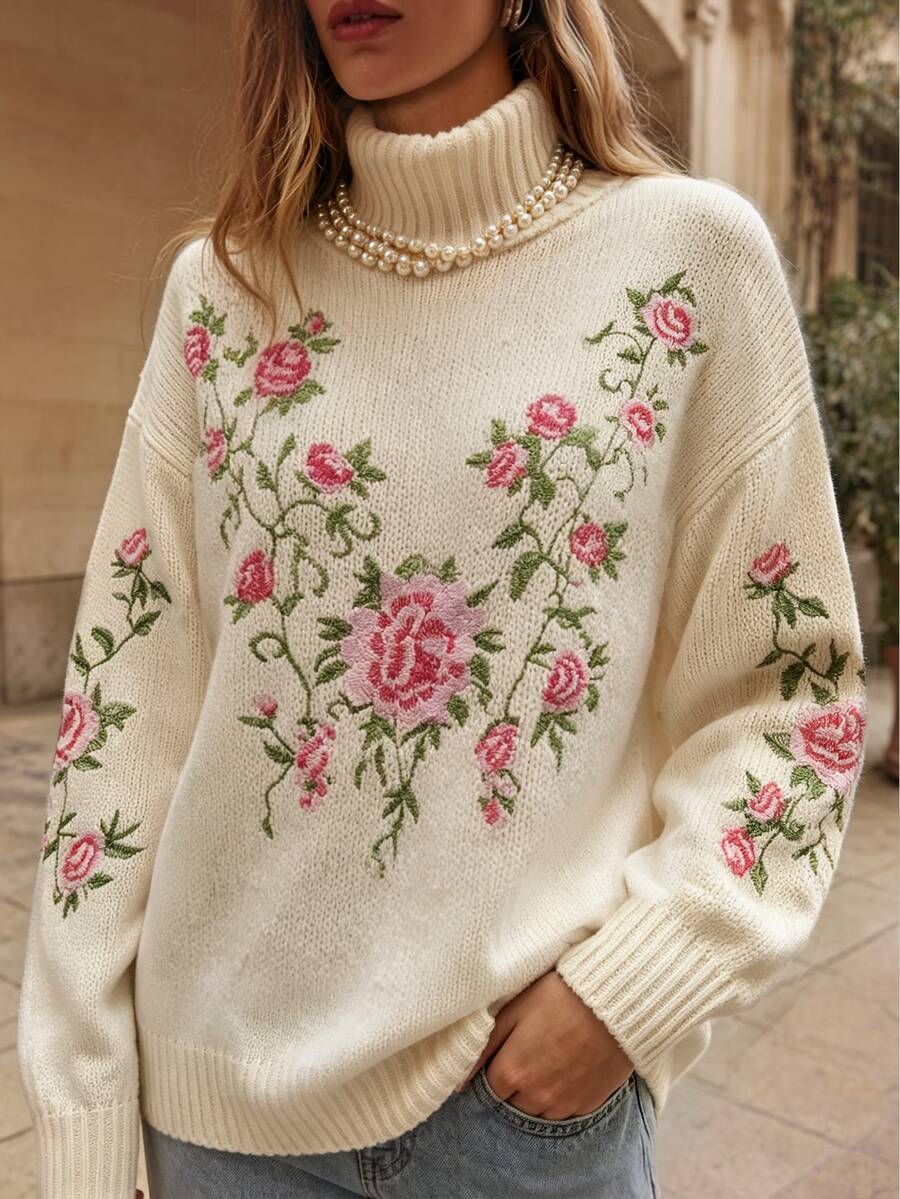 SHEIN Women's Floral Pattern Casual Daily Wear Long Sleeve Sweater