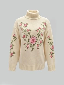 SHEIN Women's Floral Pattern Casual Daily Wear Long Sleeve Sweater - Apricot - View 9