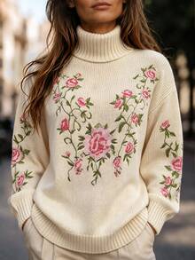SHEIN Women's Floral Pattern Casual Daily Wear Long Sleeve Sweater - Apricot - View 6
