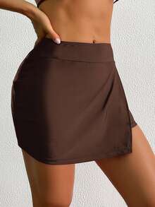 SHEIN Swim Women Elegant Beach Solid Color Split Skort, Swimwear Bottoms For Summer Beach Vacation - Coffee Brown - View 4