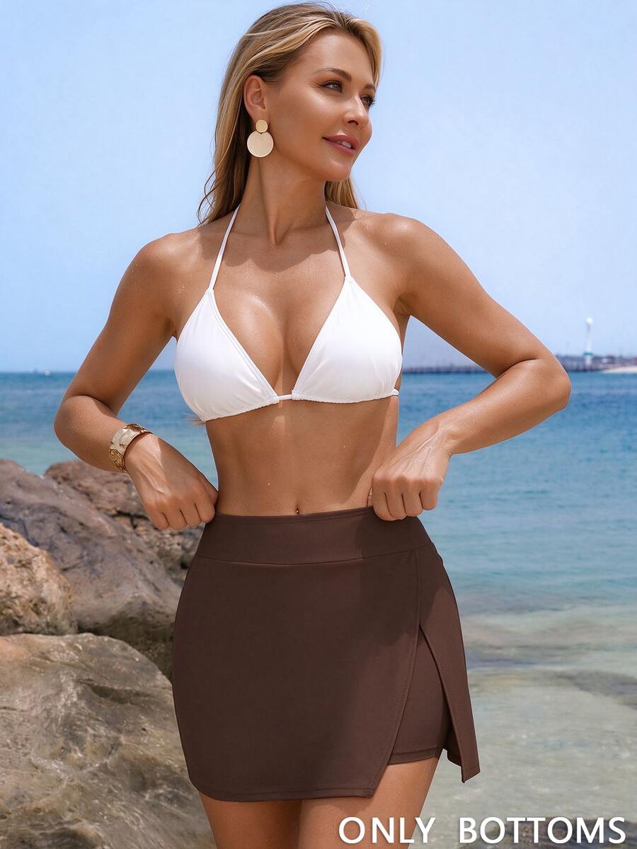 SHEIN Swim Women Elegant Beach Solid Color Split Skort, Swimwear Bottoms For Summer Beach Vacation - Coffee Brown - View 1