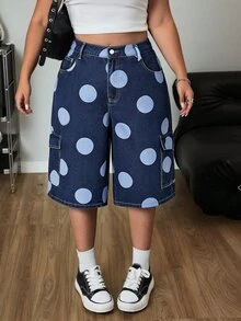 SHEIN ICON 大尺碼女款寬鬆直筒水洗藍波點圖案大口袋工裝七分牛仔褲 - 深色水洗藍 - 查看 3