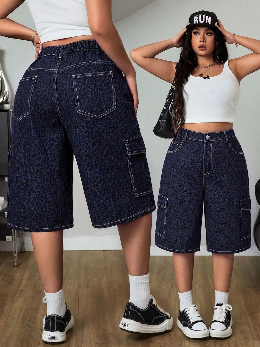 SHEIN ICON Loose Straight Leg Washed Blue Cargo Pants With Large Pockets Denim Jeans - Dark Wash - View 1
