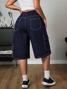 SHEIN ICON 寬鬆直筒水洗藍色大口袋工裝牛仔褲 - 深色水洗藍 - 查看 2