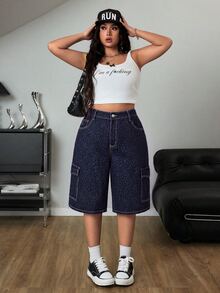SHEIN ICON 寬鬆直筒水洗藍色大口袋工裝牛仔褲 - 深色水洗藍 - 查看 7