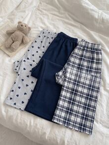 SHEIN Plus Size Navy Stripe, Heart, Plaid & Solid Pajama Pants Set For Women - Multicolor - View 6