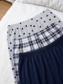 SHEIN Plus Size Navy Stripe, Heart, Plaid & Solid Pajama Pants Set For Women - Multicolor - View 4