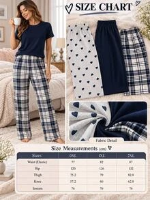 SHEIN Plus Size Navy Stripe, Heart, Plaid & Solid Pajama Pants Set For Women - Multicolor - View 5