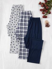 SHEIN Plus Size Navy Stripe, Heart, Plaid & Solid Pajama Pants Set For Women - Multicolor - View 2